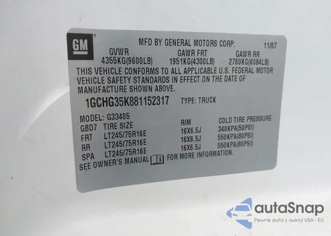 2008 Chevrolet Express Work Van z USA, uszkodzony, nr VIN 1GCHG35K881152317